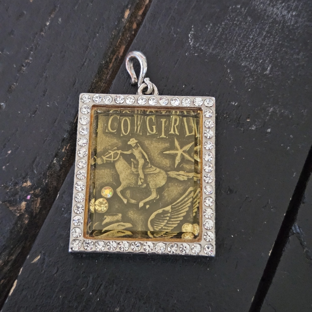 Gold and Silver Cowgirl Pendant Necklace Rhinestone Shadow Box Western
